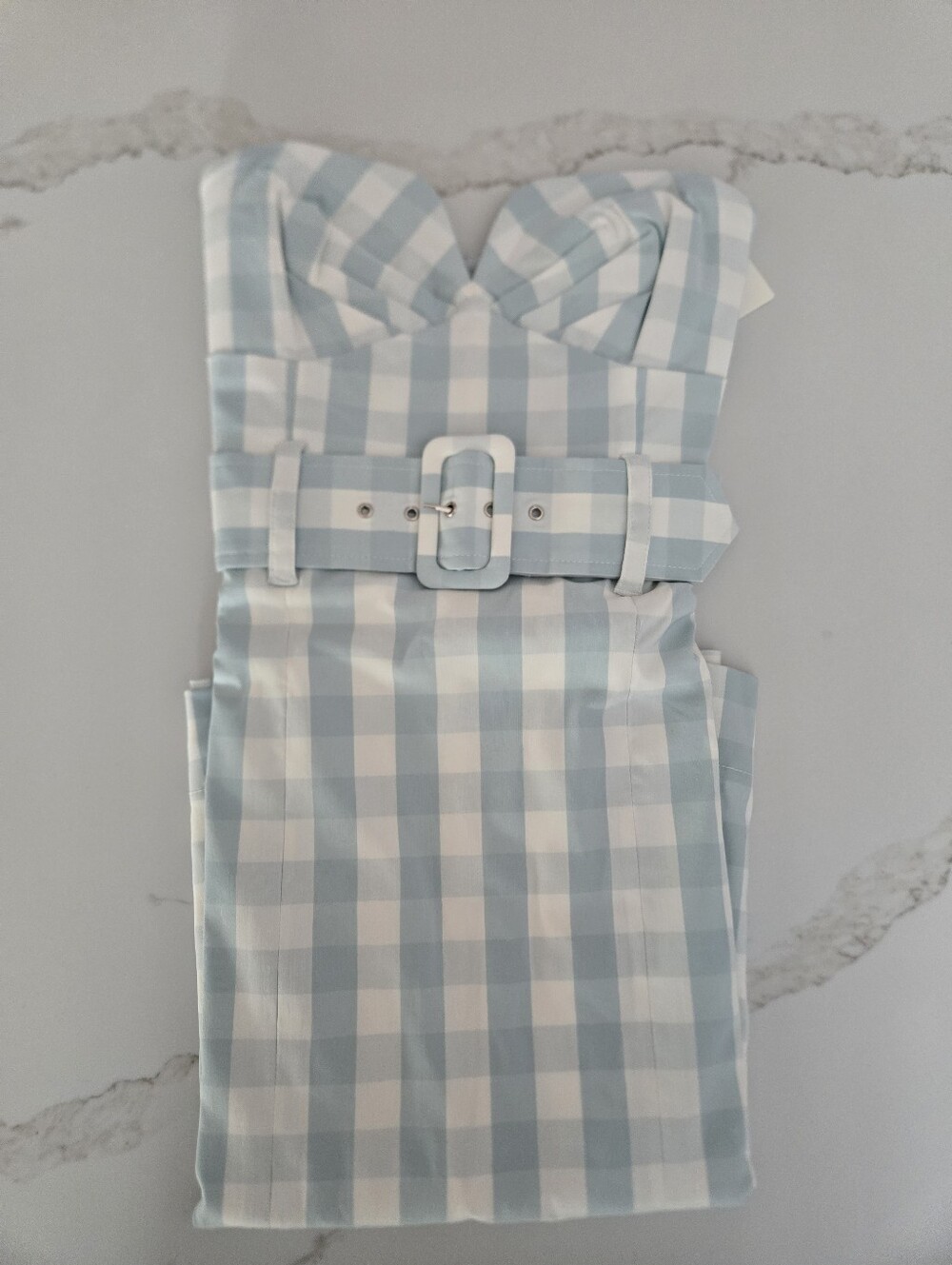 NWT Anthropologie Light Blue and White Gingham Strapless Dress with Belt - Picture 3 of 6